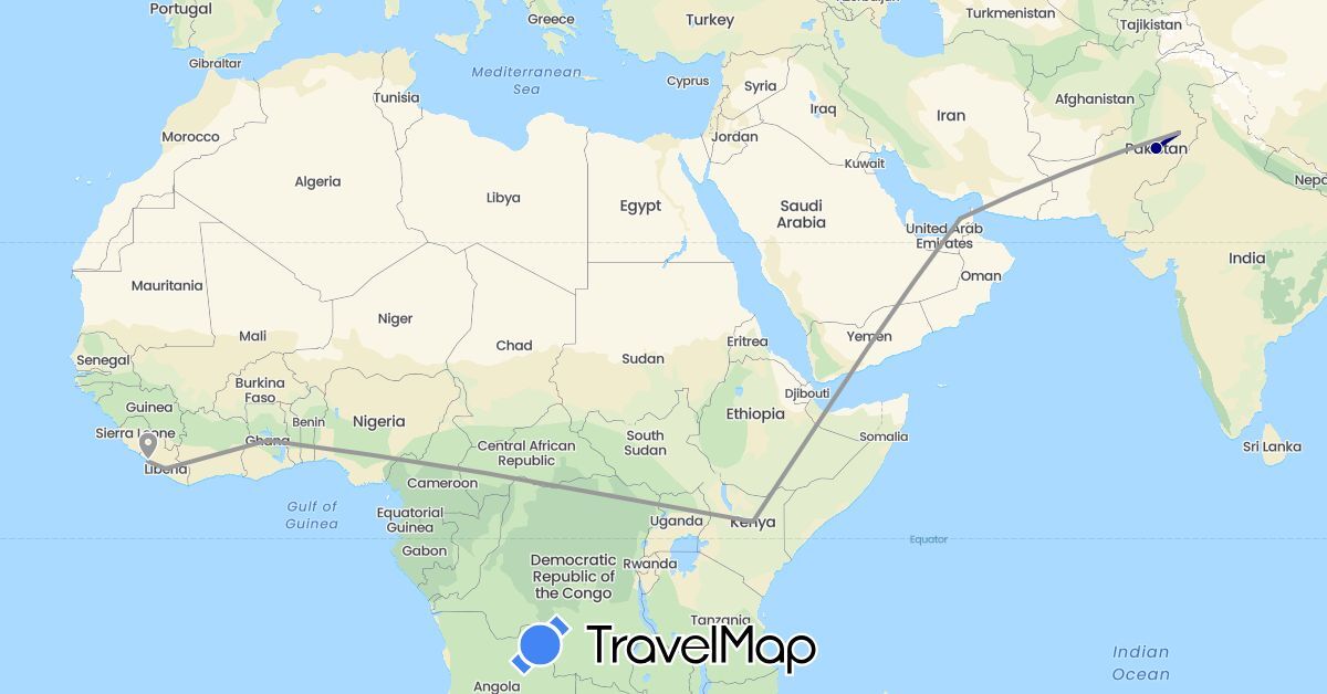 TravelMap itinerary: driving, plane in United Arab Emirates, Ghana, Kenya, Liberia, Pakistan (Africa, Asia)